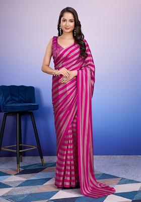 Pink Striped Satin Saree Set