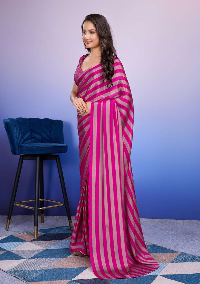 Pink Striped Satin Saree Set - Indya