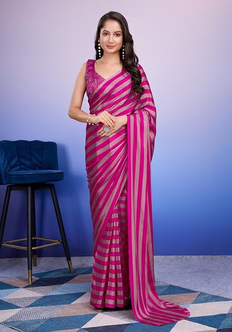 Pink Striped Satin Saree Set