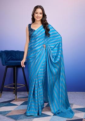 Blue Striped Satin Saree Set