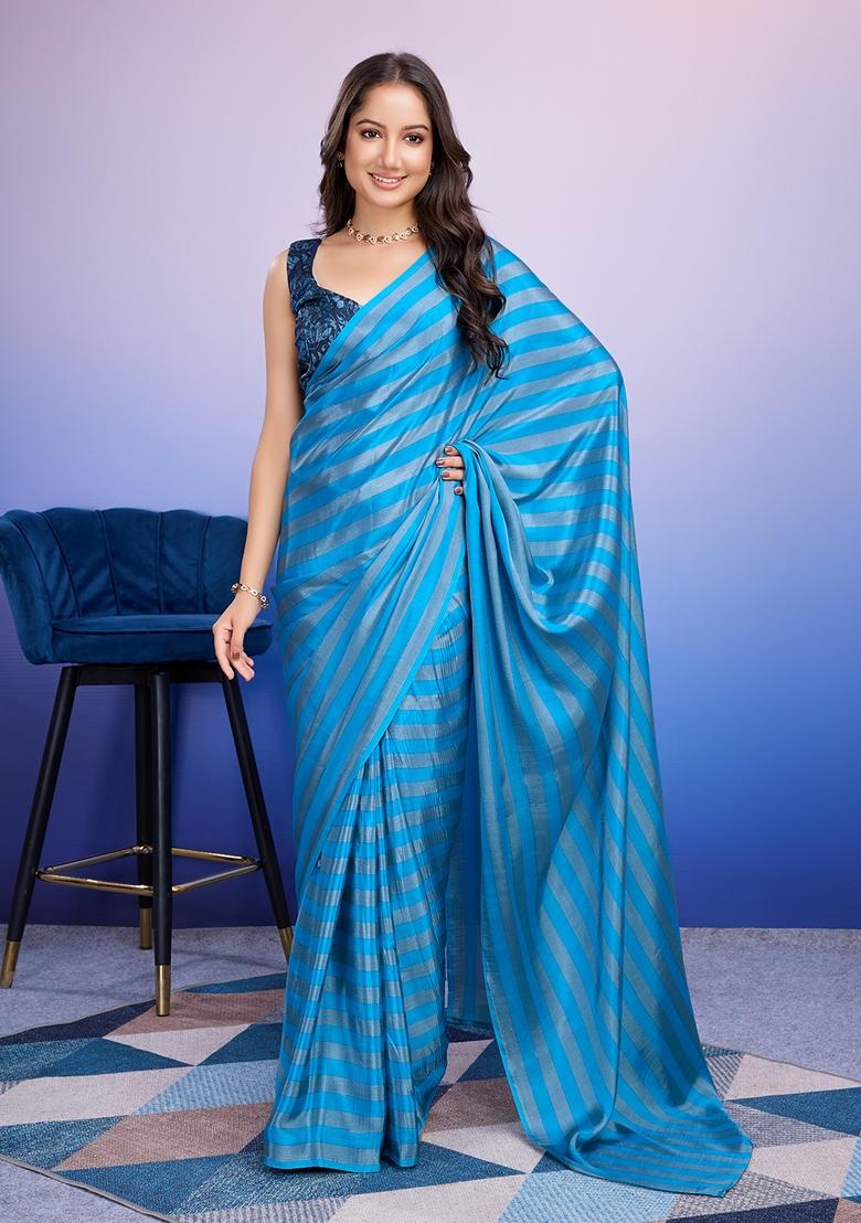 Blue Striped Satin Saree Set