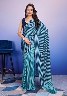Blue Striped Satin Saree Set