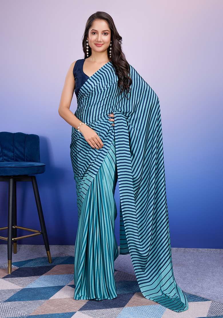 Blue Striped Satin Saree Set - Indya