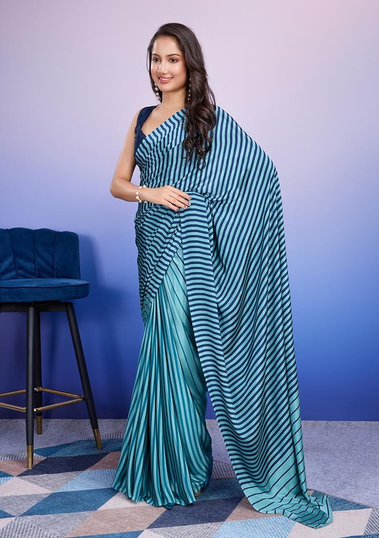 Blue Striped Satin Saree Set