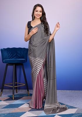 Silver Striped Satin Saree Set
