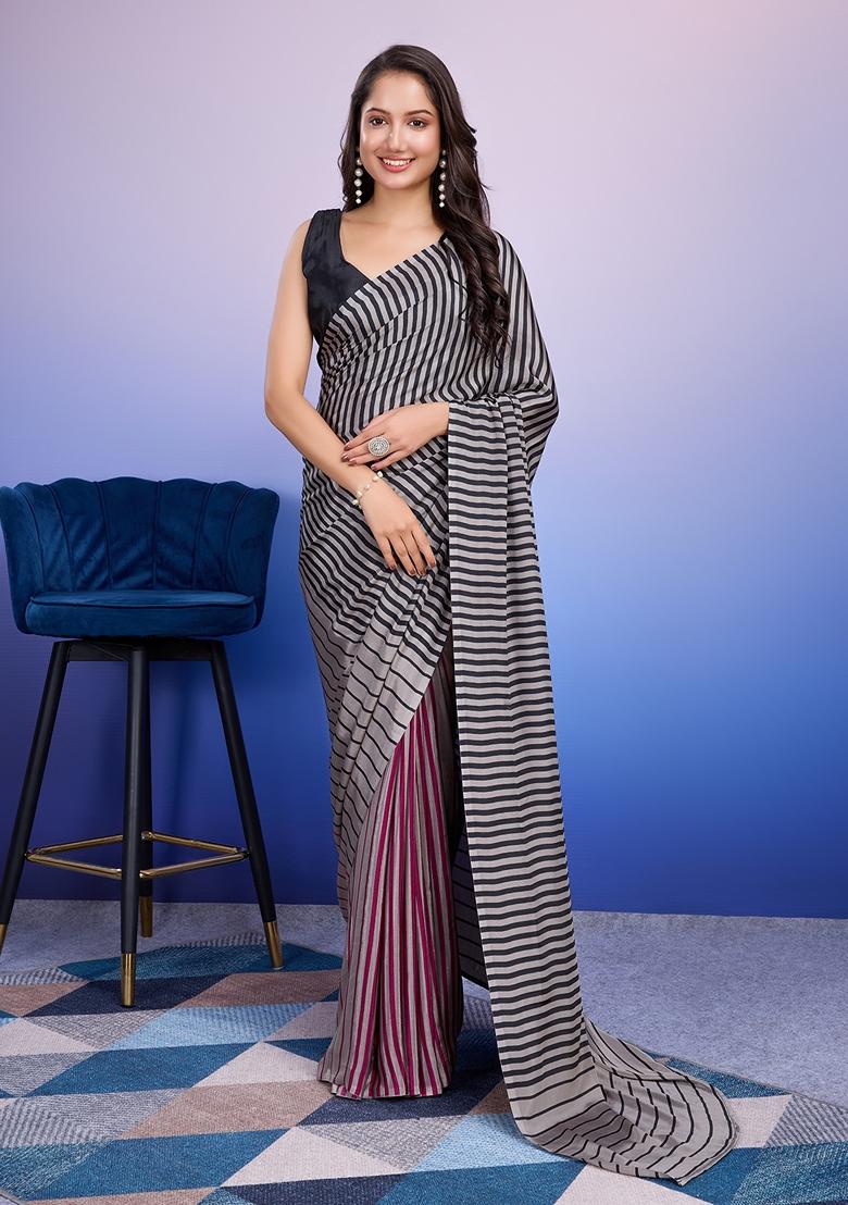 Silver Striped Satin Saree Set