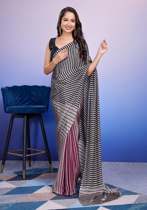 Silver Striped Satin Saree Set