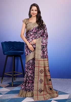 Purple Printed Silk Saree Set