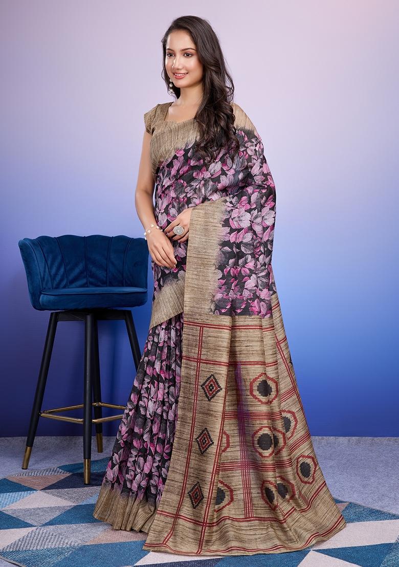 Purple Printed Silk Saree Set