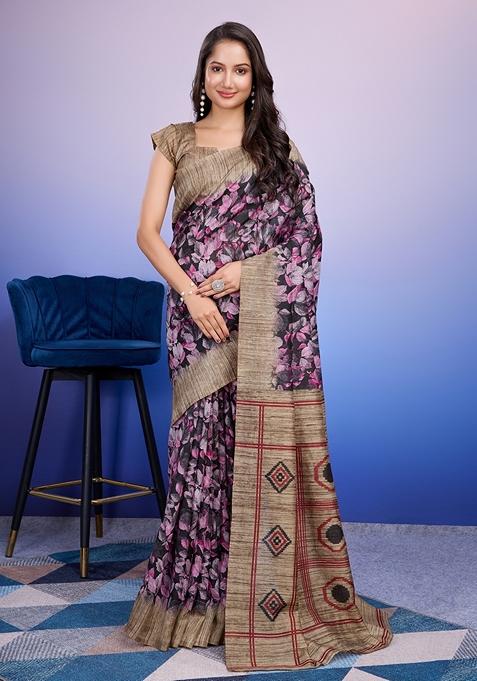 Purple Printed Silk Saree Set