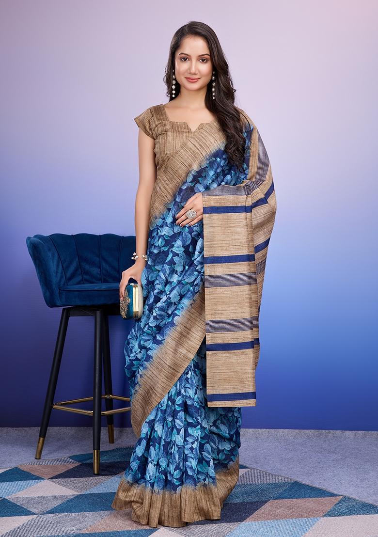 Blue Printed Silk Saree Set