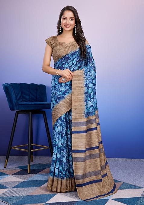 Blue Printed Silk Saree Set