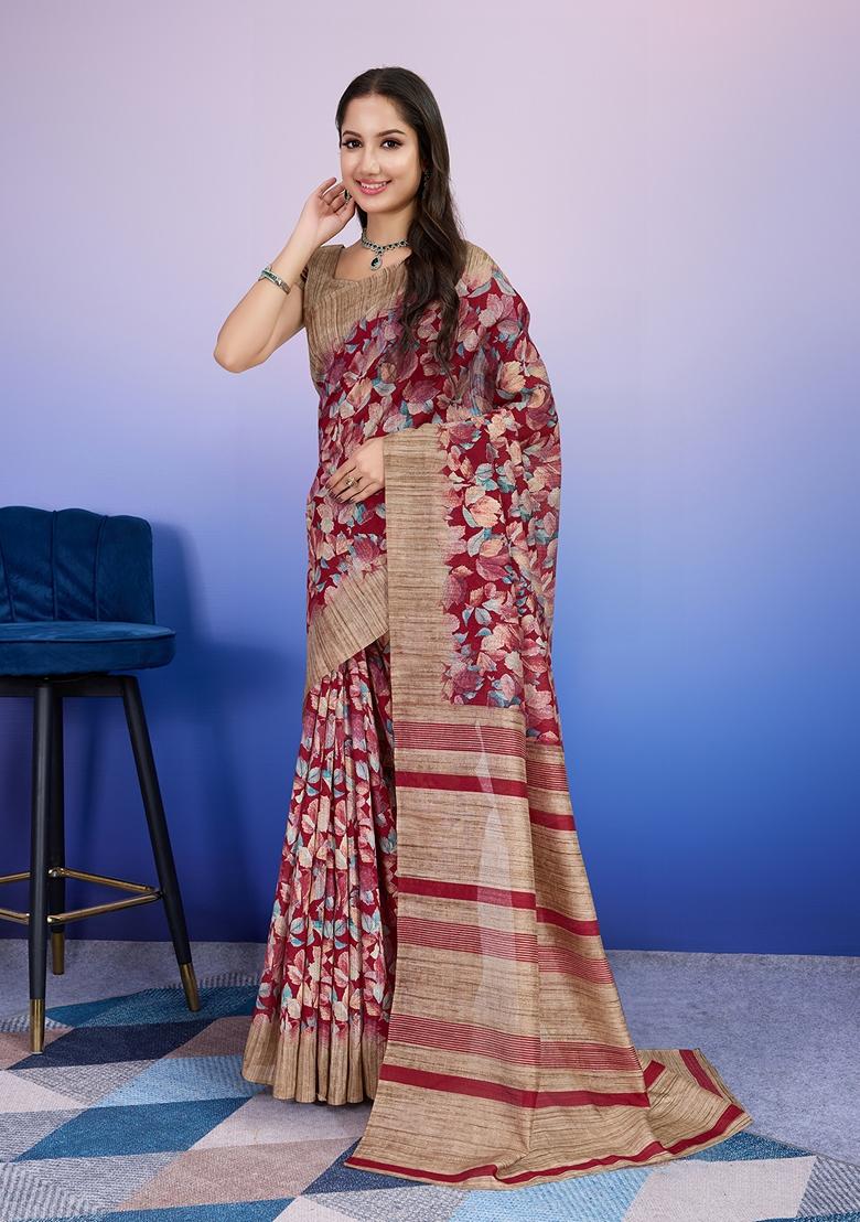 Red Printed Silk Saree Set