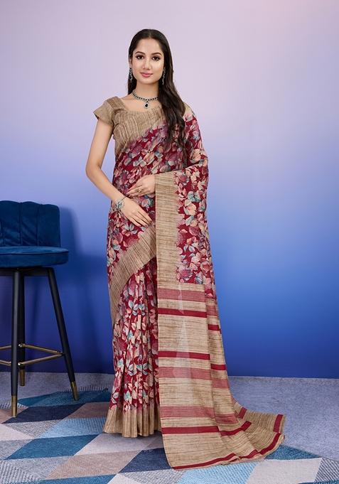 Red Printed Silk Saree Set