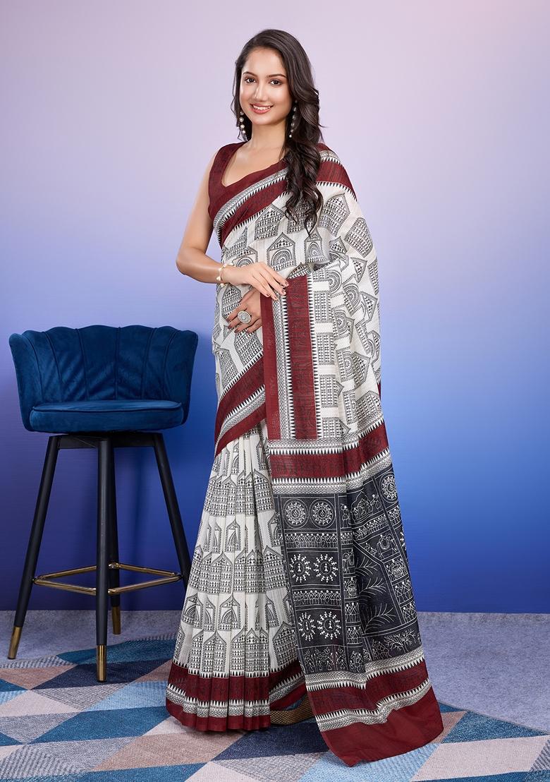 Maroon Printed Silk Saree Set