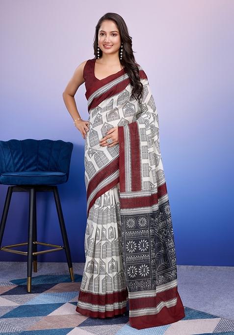 Maroon Printed Silk Saree Set