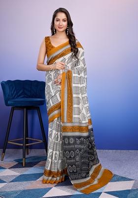 Mustard Yellow Printed Silk Saree Set