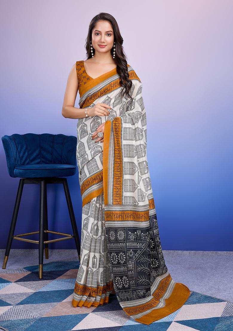 Mustard Yellow Printed Silk Saree Set