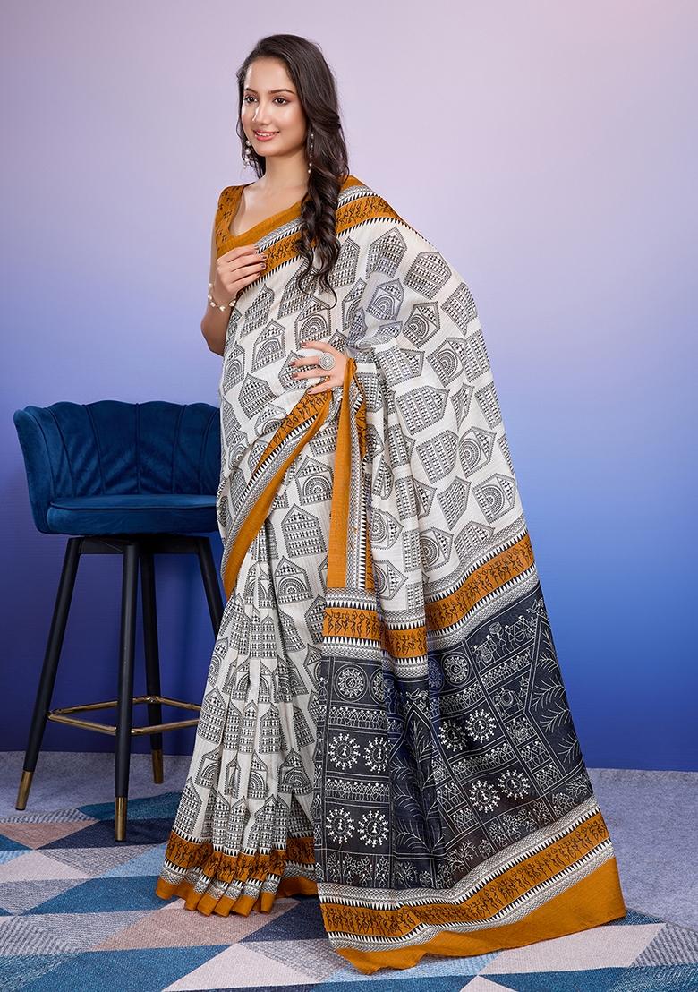 Mustard Yellow Printed Silk Saree Set