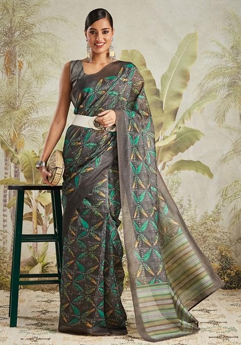 Olive Green Batik Print Cotton Saree Set