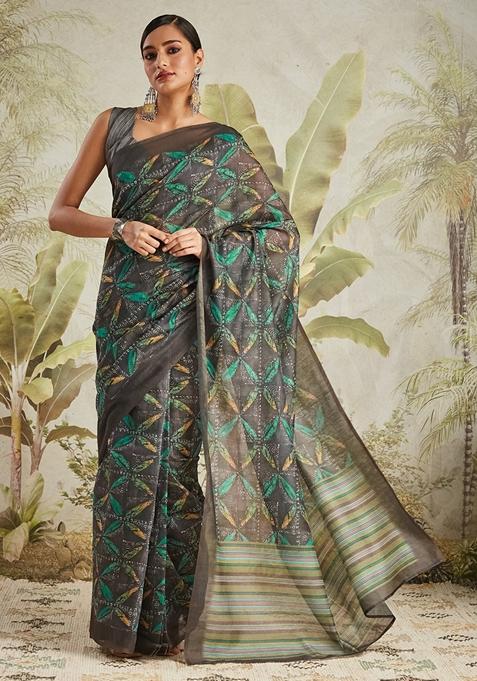Olive Green Batik Print Cotton Saree Set