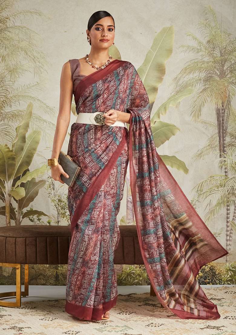 Maroon Geomatric Print Cotton Saree Set - Indya