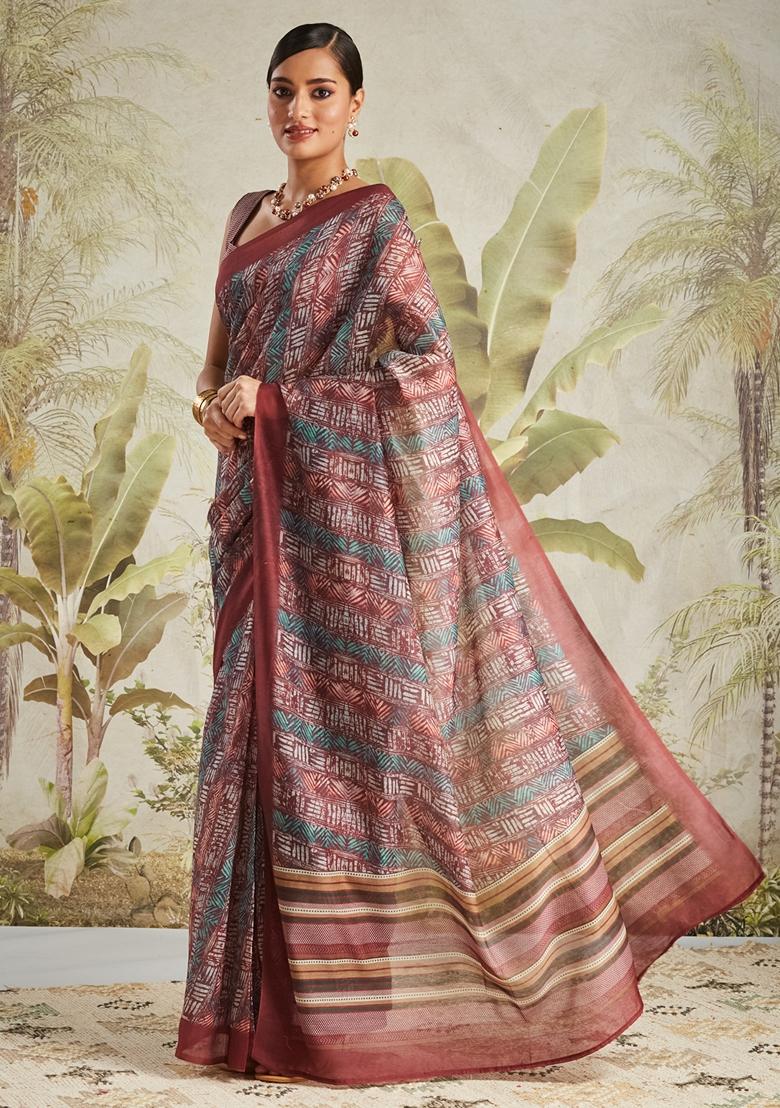 Maroon Geomatric Print Cotton Saree Set
