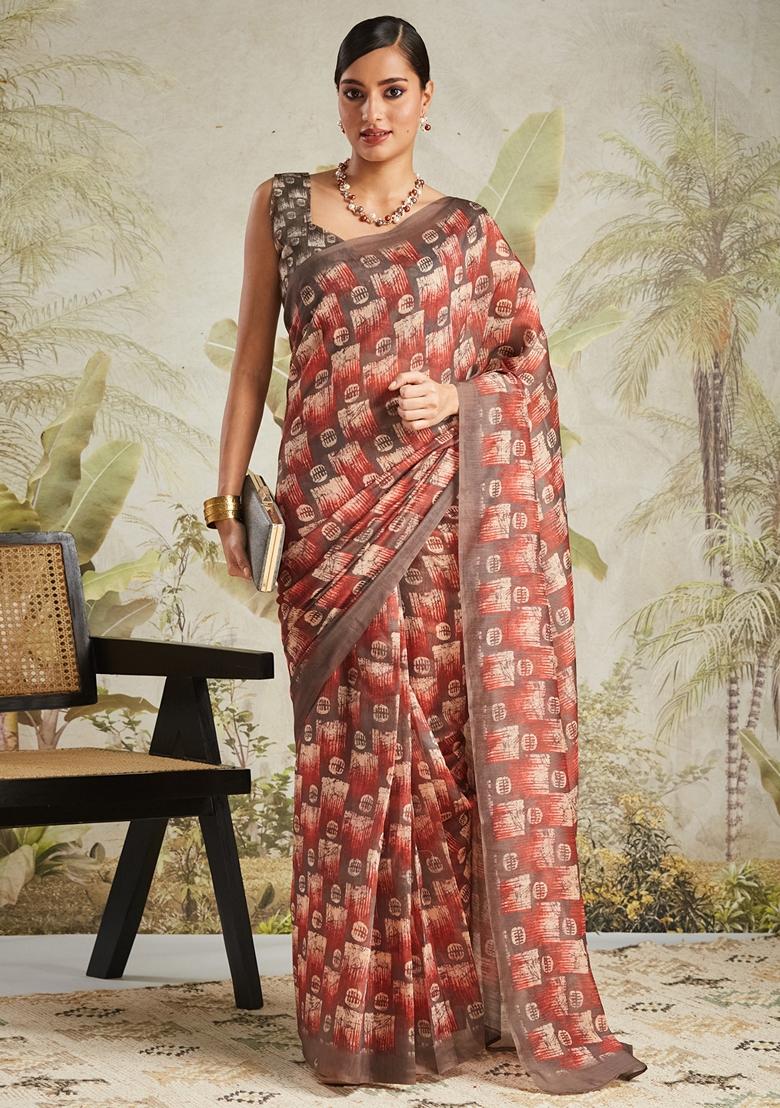 Brown Geomatric Print Cotton Saree Set