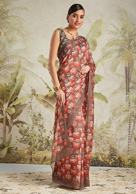 Brown Geomatric Print Cotton Saree Set