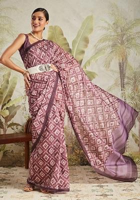 Magenta Geomatric Print Cotton Saree Set