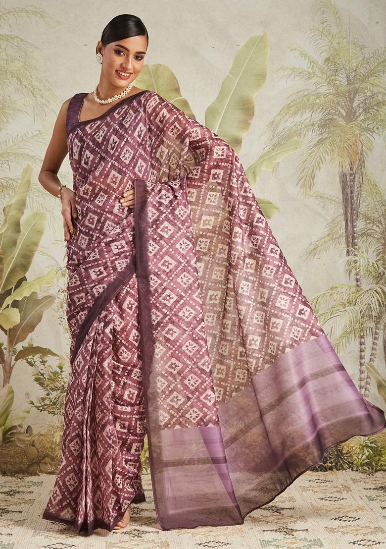 Magenta Geomatric Print Cotton Saree Set