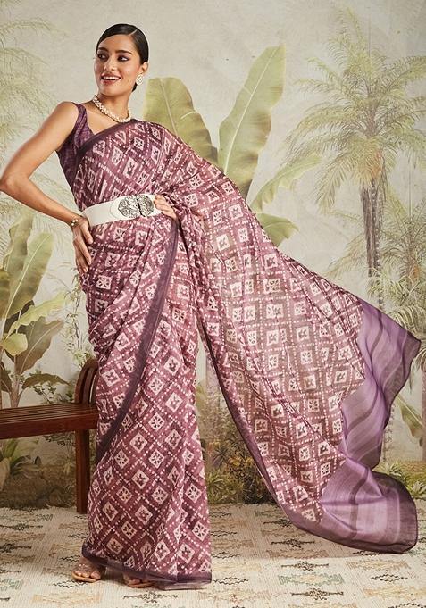 Magenta Geomatric Print Cotton Saree Set
