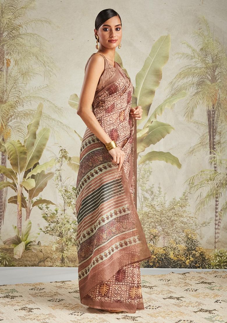 Brown Batik Print Cotton Saree Set