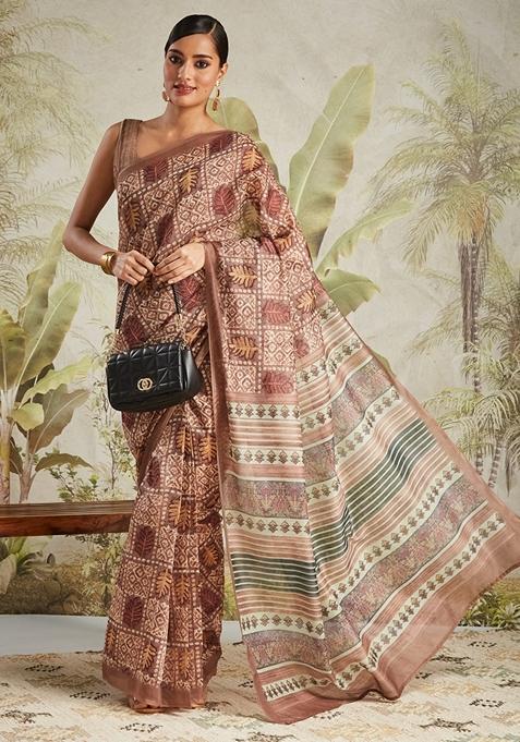 Brown Batik Print Cotton Saree Set