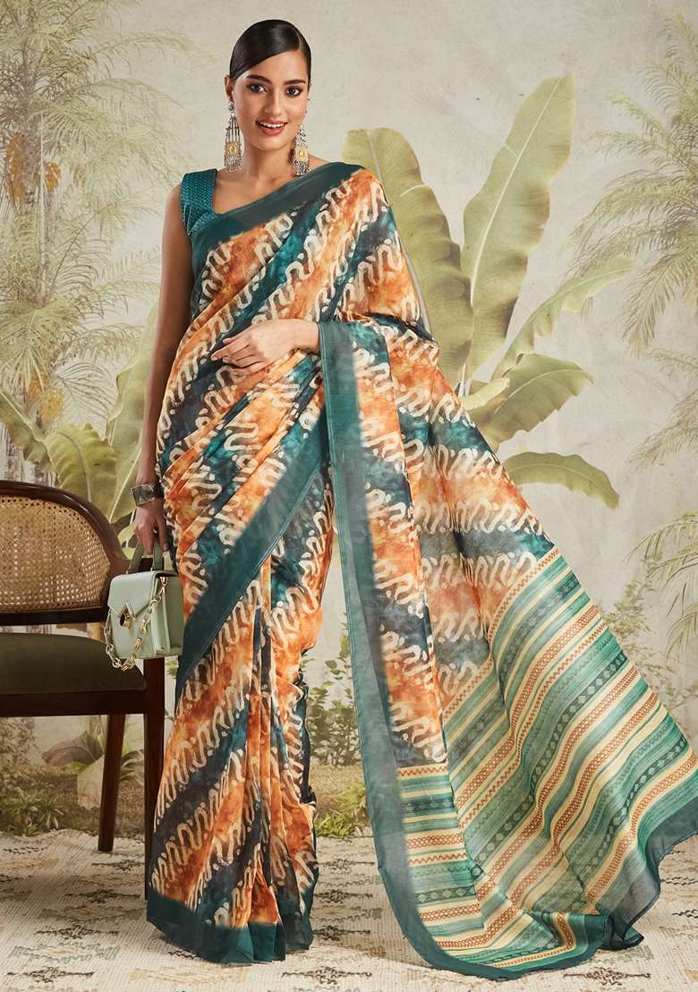 Orange Geomatric Print Cotton Saree Set - Indya