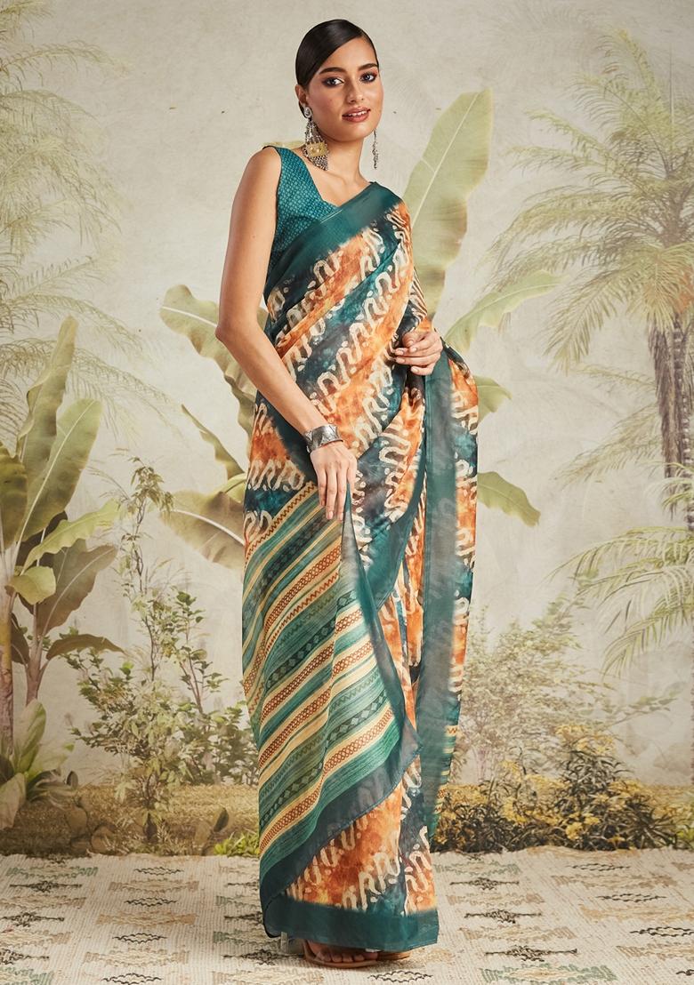 Orange Geomatric Print Cotton Saree Set