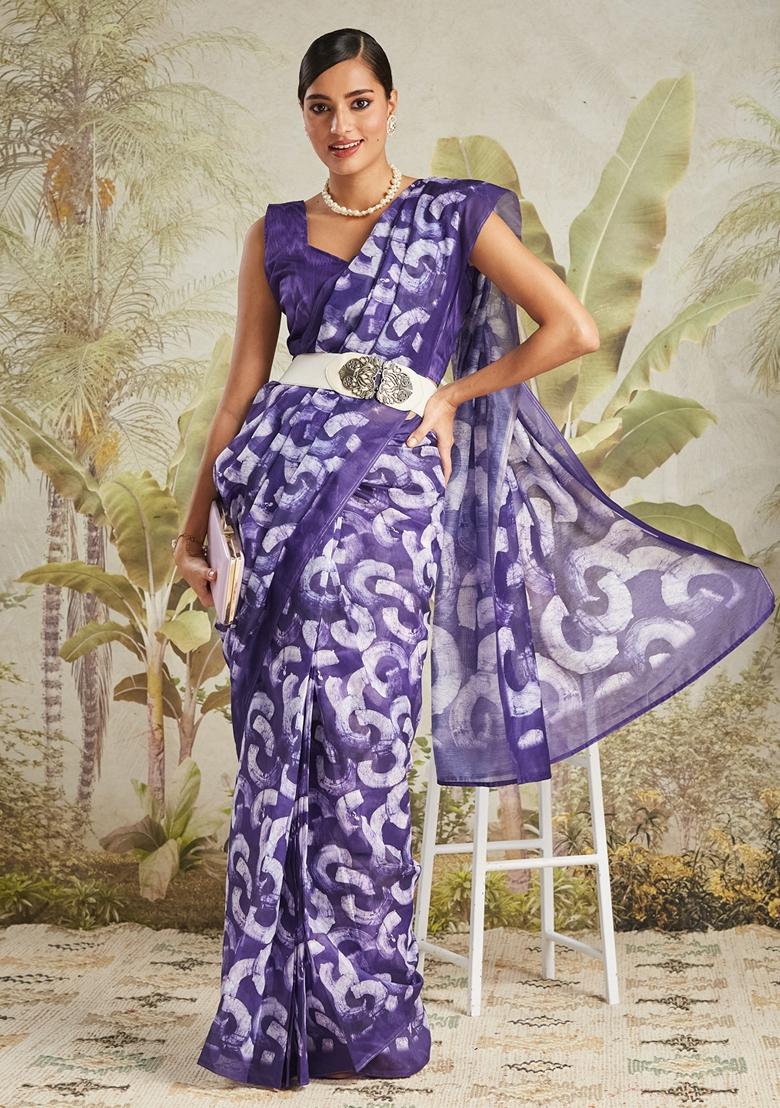 Purple Geomatric Print Cotton Saree Set