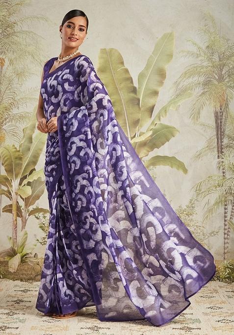 Purple Geomatric Print Cotton Saree Set