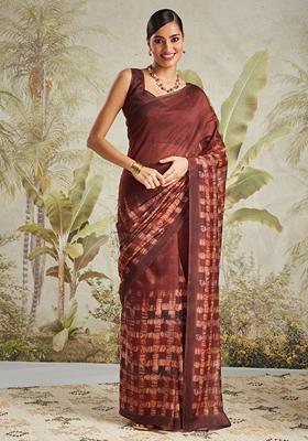 Maroon Geomatric Print Cotton Saree Set