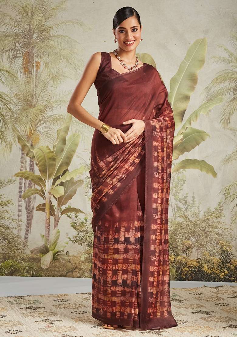 Maroon Geomatric Print Cotton Saree Set - Indya