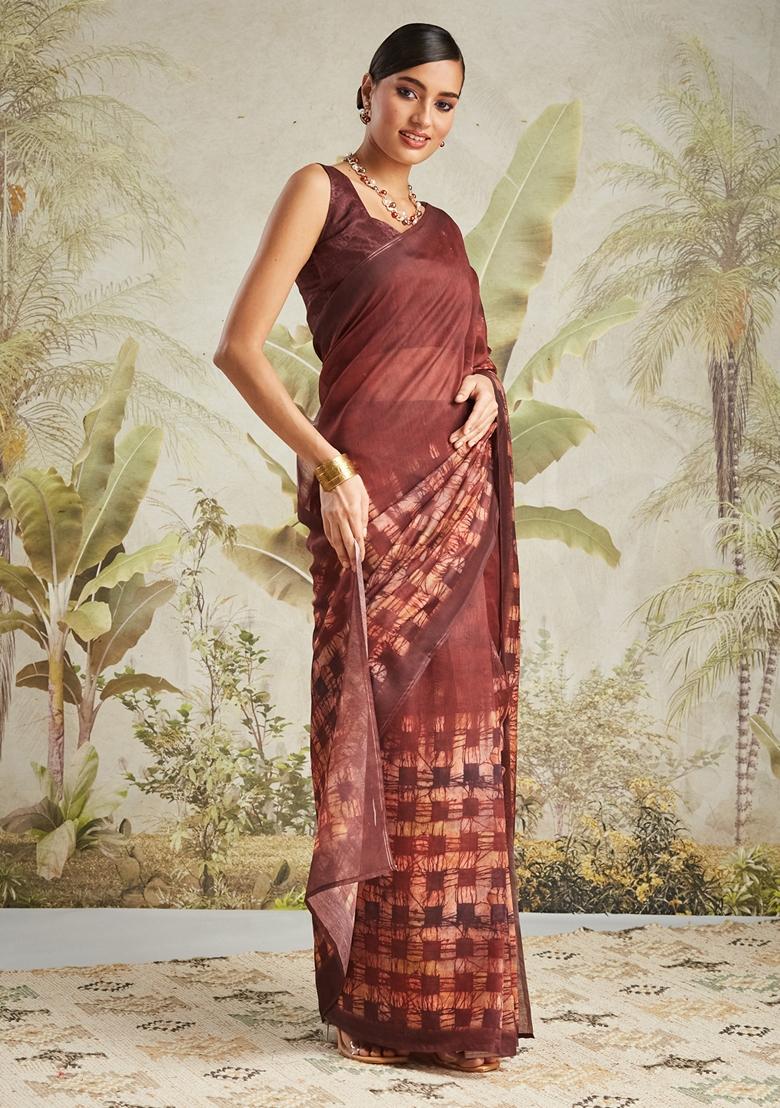 Maroon Geomatric Print Cotton Saree Set