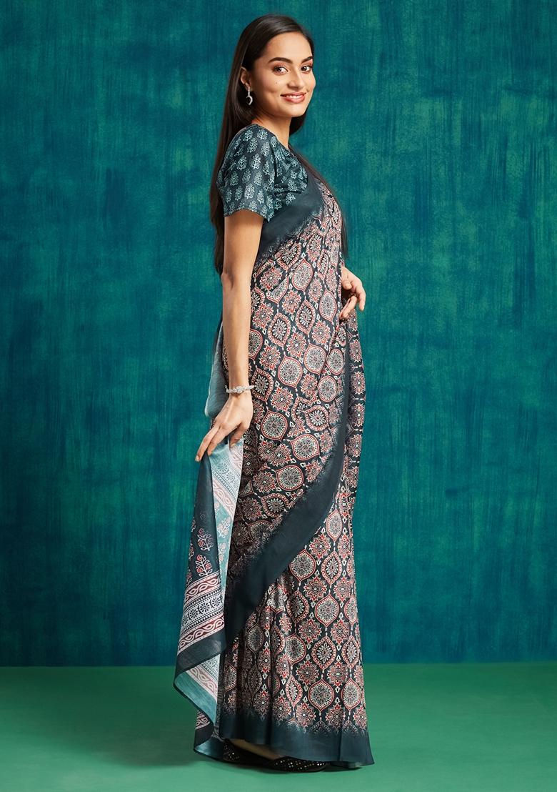 Multi Ajrak Print Cotton Saree Set
