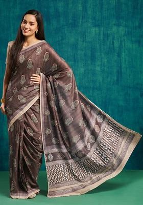 Coffee Brown Paisley Print Cotton Saree Set