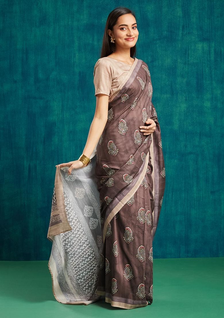 Coffee Brown Paisley Print Cotton Saree Set