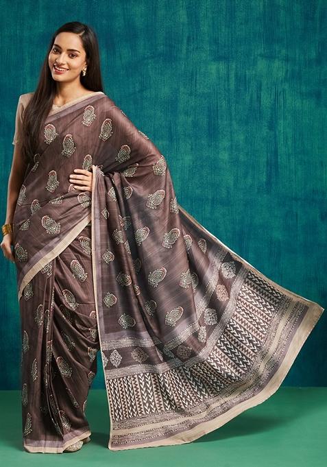 Coffee Brown Paisley Print Cotton Saree Set