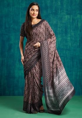 Black Ajrak Print Cotton Saree Set