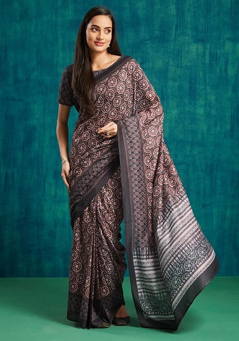 Black Ajrak Print Cotton Saree Set