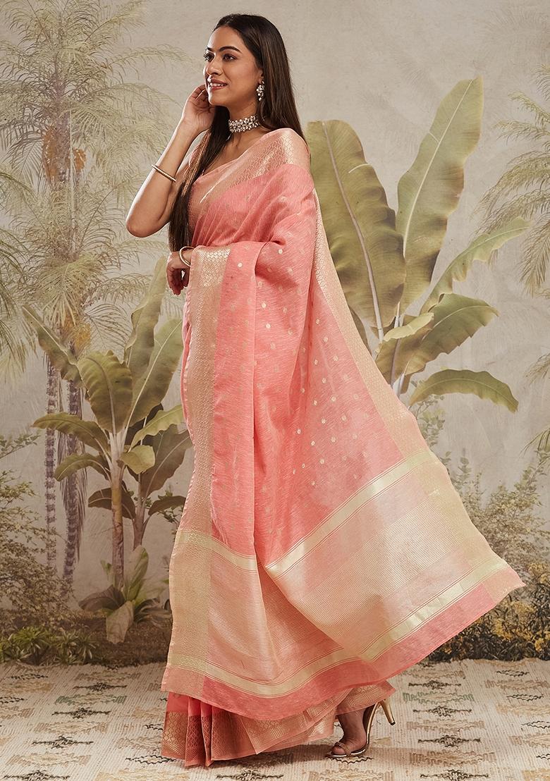 Peach Zari Work Kanjeevaram Saree Set
