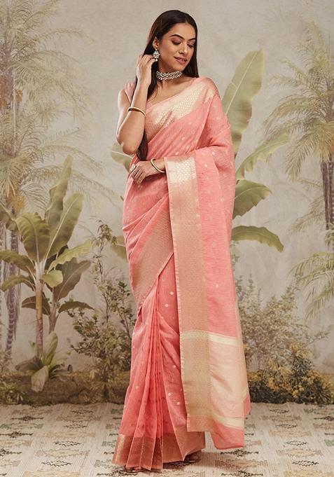 Peach Zari Work Kanjeevaram Saree Set