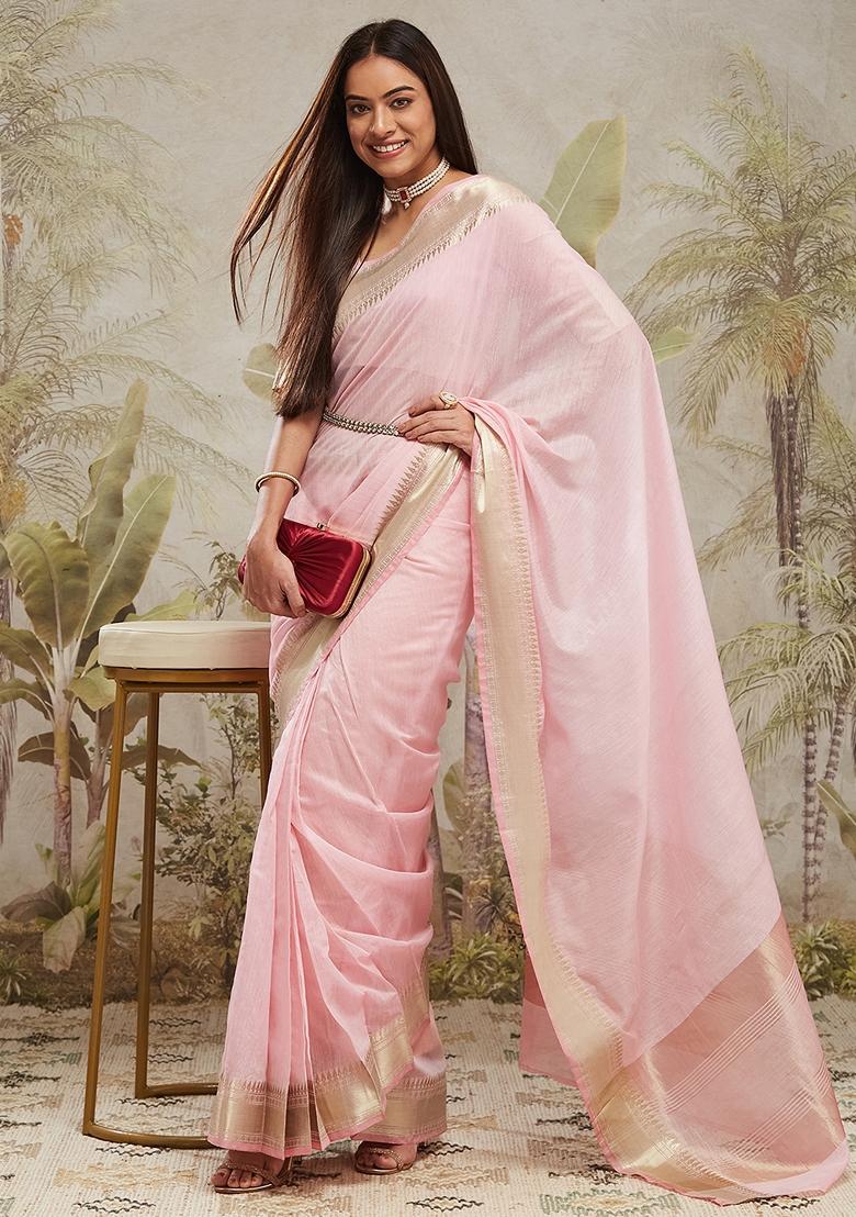 Baby Pink Printed Cotton Saree Set